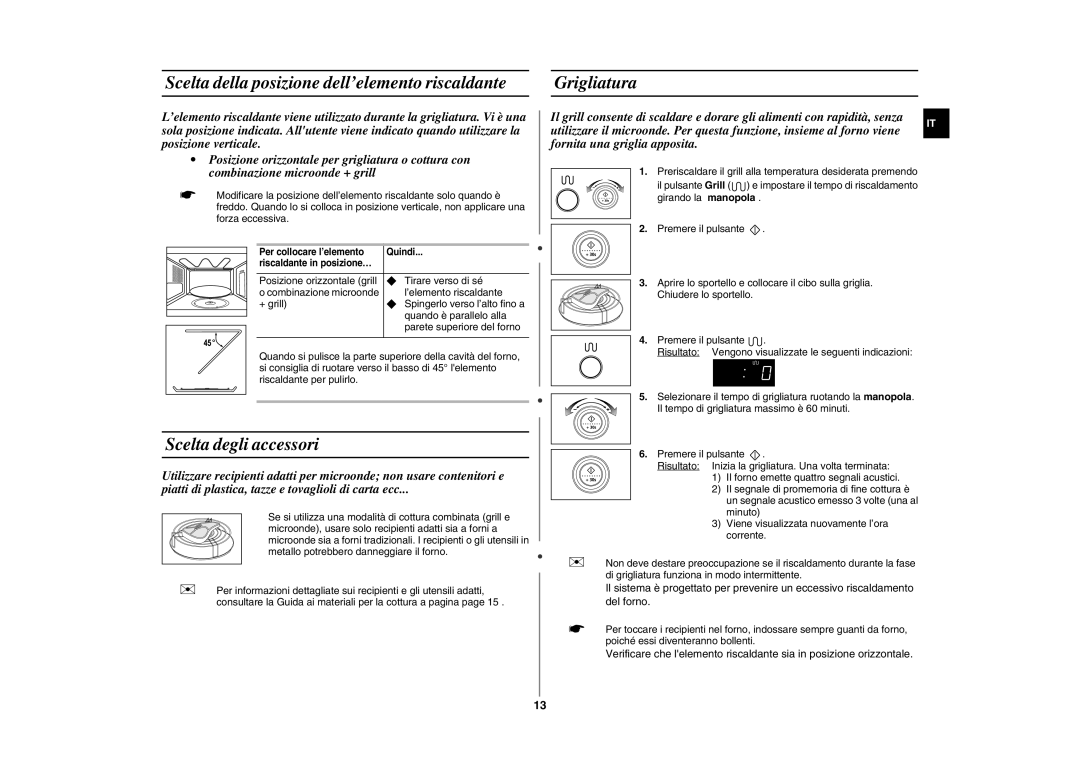 Samsung GE87Y/XET, GE87Y-S/XET manual Scelta della posizione dell’elemento riscaldante Grigliatura, Scelta degli accessori 