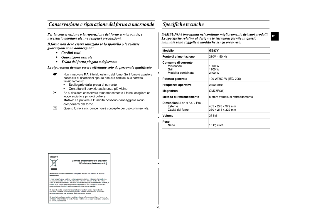 Samsung GE87Y/XET, GE87Y-S/XET manual Specifiche tecniche 