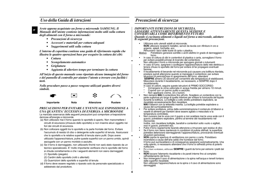 Samsung GE87Y-S/XET, GE87Y/XET manual Uso della Guida di istruzioni Precauzioni di sicurezza, Importante Nota Attenzione 