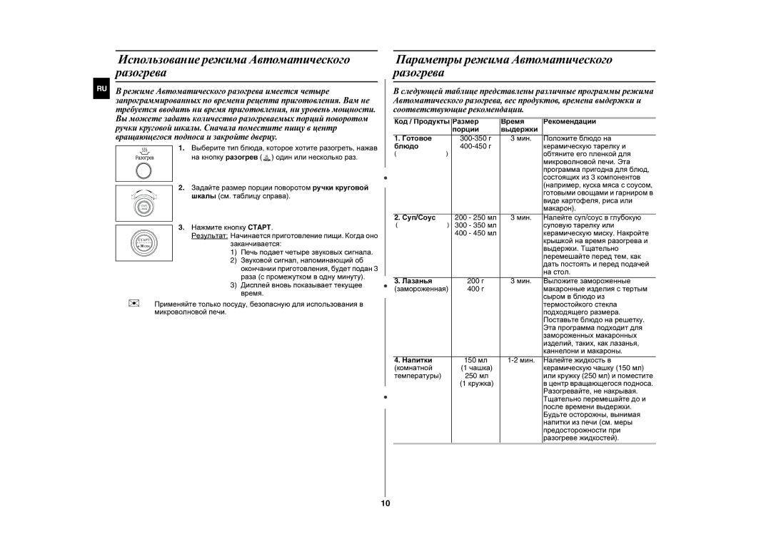 Samsung GE87YR/BWT manual Использование режима Автоматического разогрева, Параметры режима Автоматического разогрева 