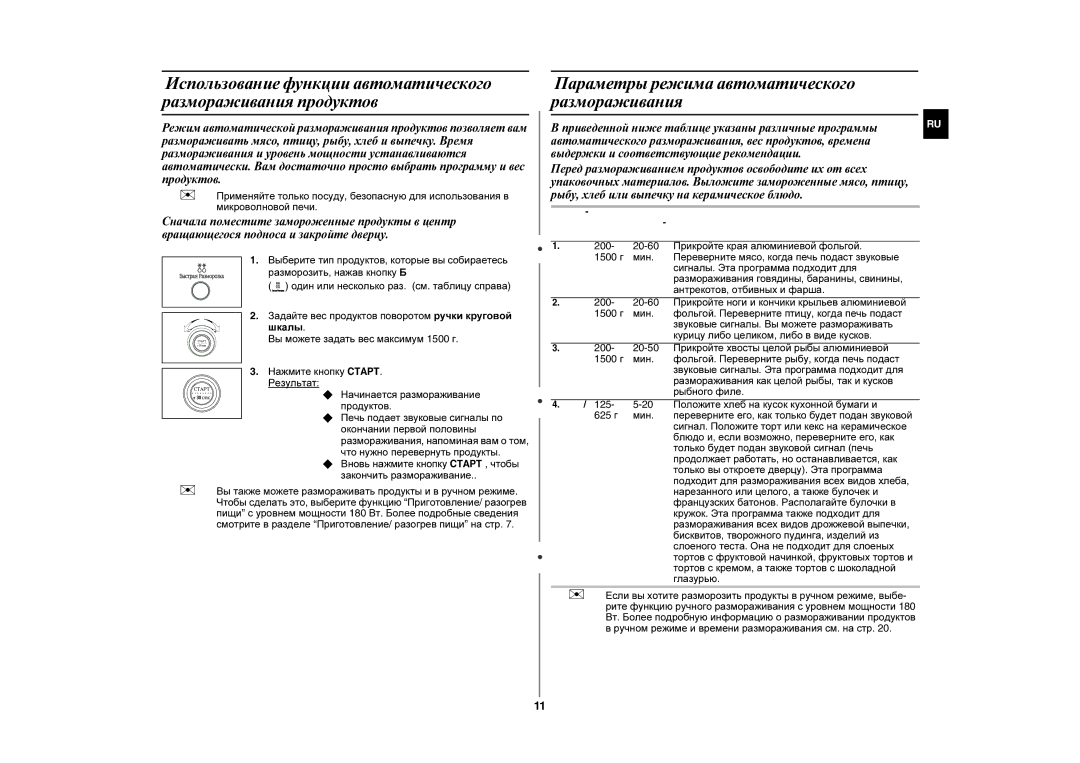 Samsung GE87YR/BWT manual Параметры режима автоматического размораживания, Выберите тип продуктов, которые вы собираетесь 