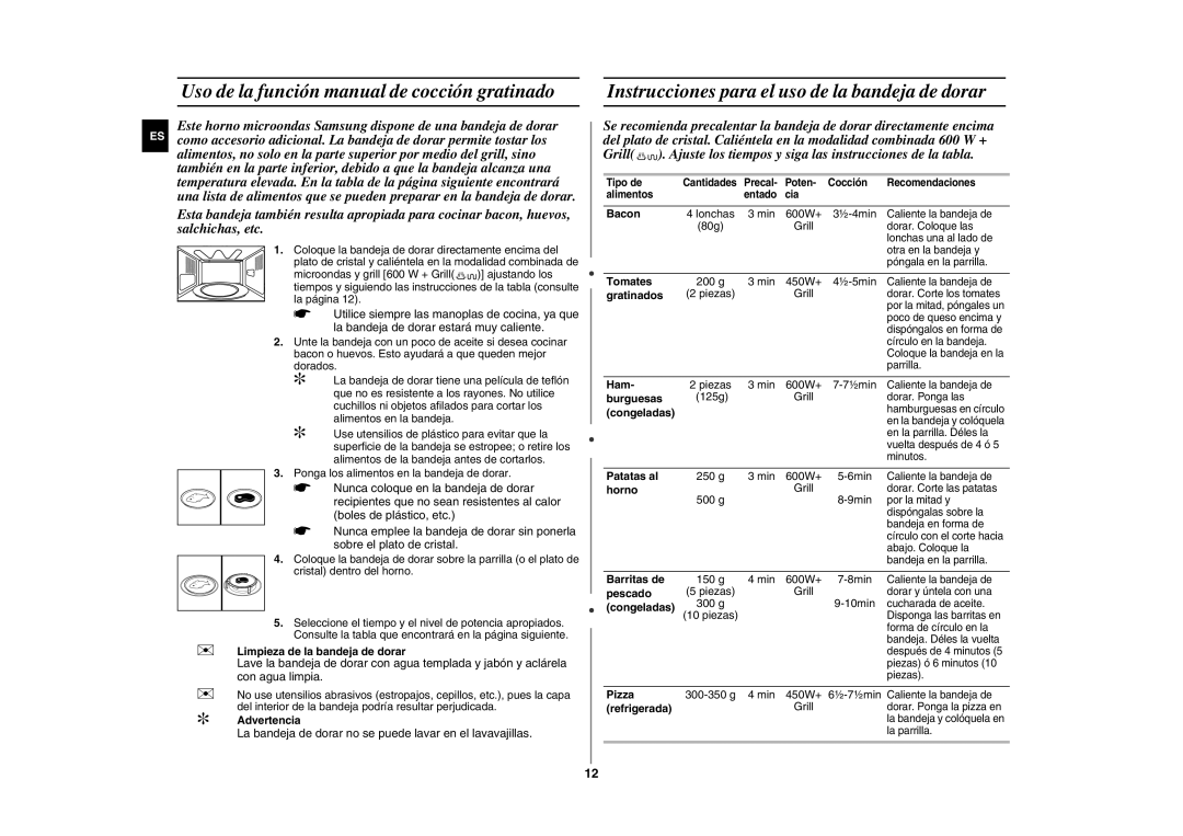 Samsung GE87Y/XEC Uso de la función manual de cocción gratinado, Instrucciones para el uso de la bandeja de dorar 