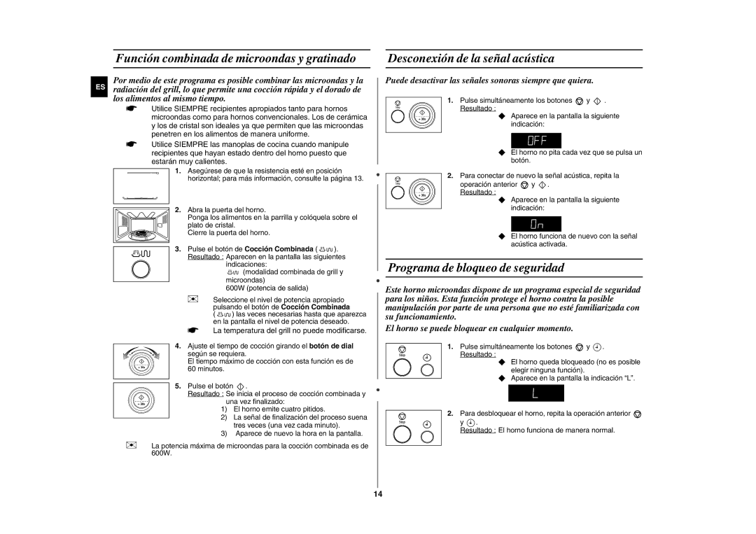 Samsung GE87Y/XEC manual Función combinada de microondas y gratinado, Desconexión de la señal acústica 