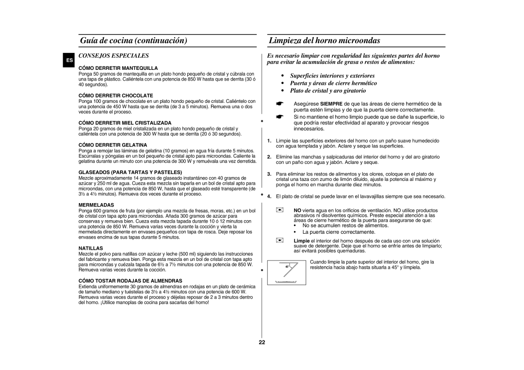 Samsung GE87Y/XEC manual Limpieza del horno microondas, Consejos Especiales 