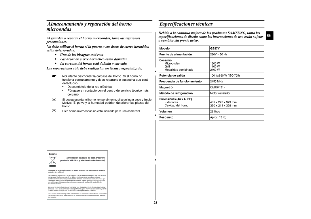 Samsung GE87Y/XEC manual Almacenamiento y reparación del horno microondas, Especificaciones técnicas 