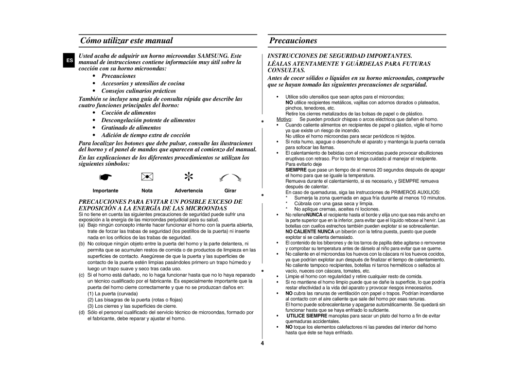 Samsung GE87Y/XEC Cómo utilizar este manual, Precauciones, Importante Nota Advertencia 