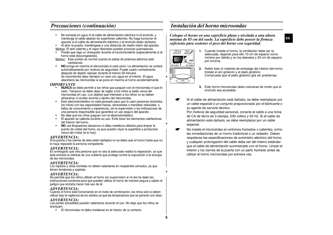 Samsung GE87Y/XEC manual Precauciones continuación, Instalación del horno microondas, Importante, Advertencia 