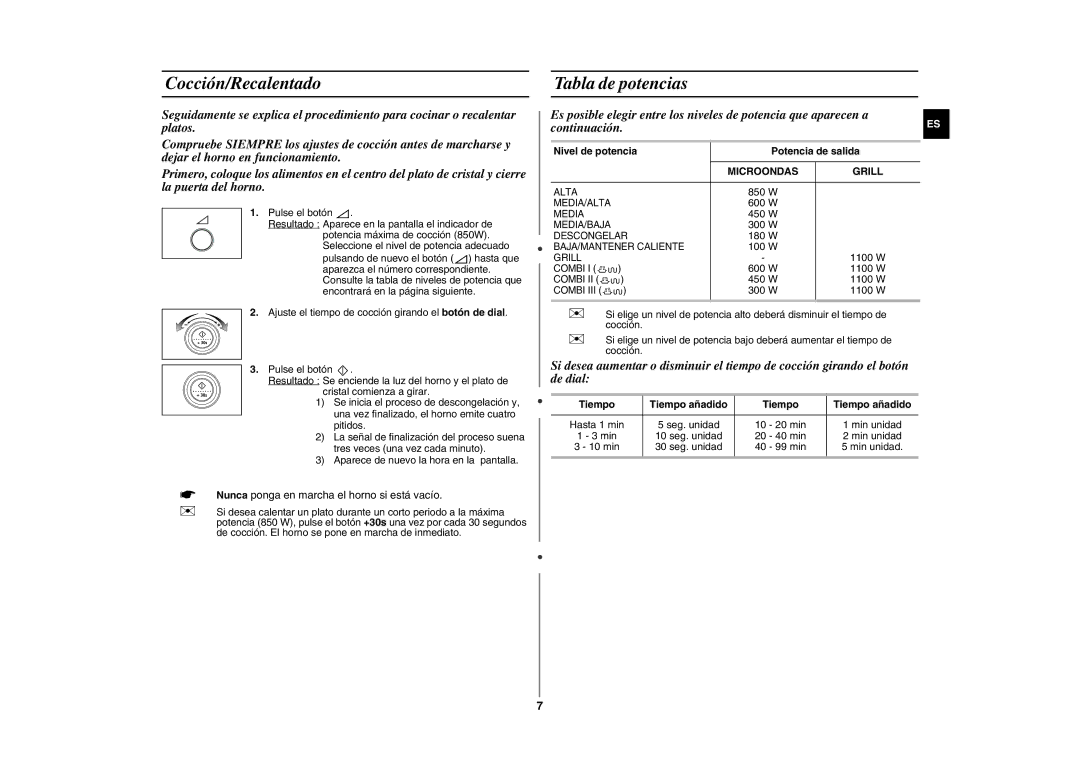 Samsung GE87Y/XEC manual Cocción/Recalentado, Tabla de potencias, Nivel de potencia Potencia de salida, Microondas Grill 