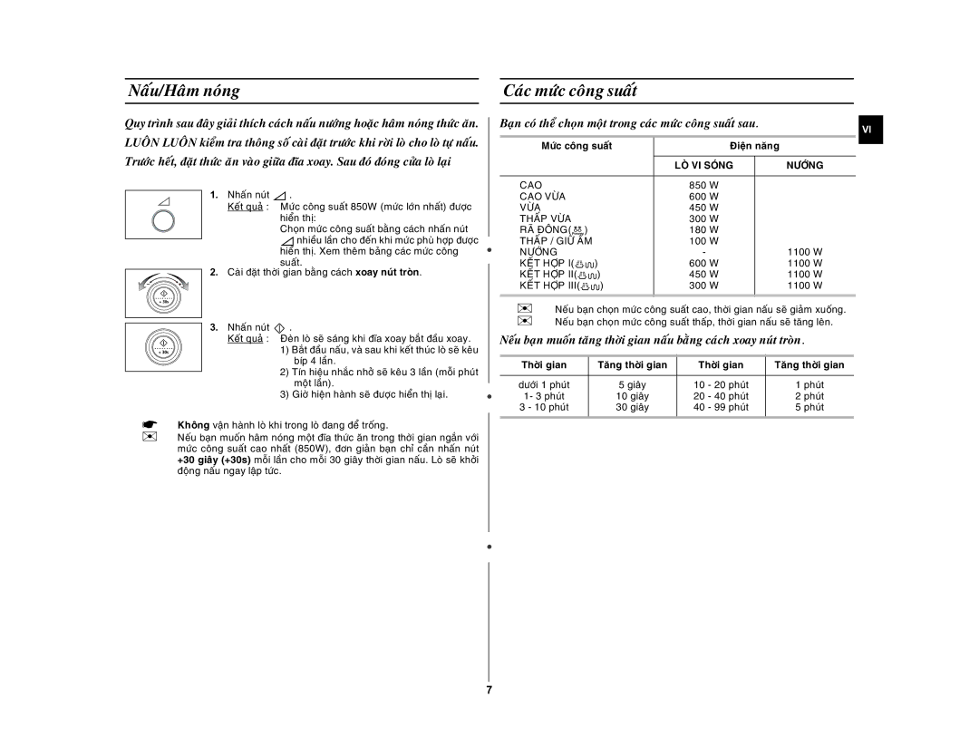 Samsung GE87Y/XSV manual Naáu/Haâm noùng Caùc möùc coâng suaát, Möùc coâng suaát, Nöôùng, Thôøi gian 