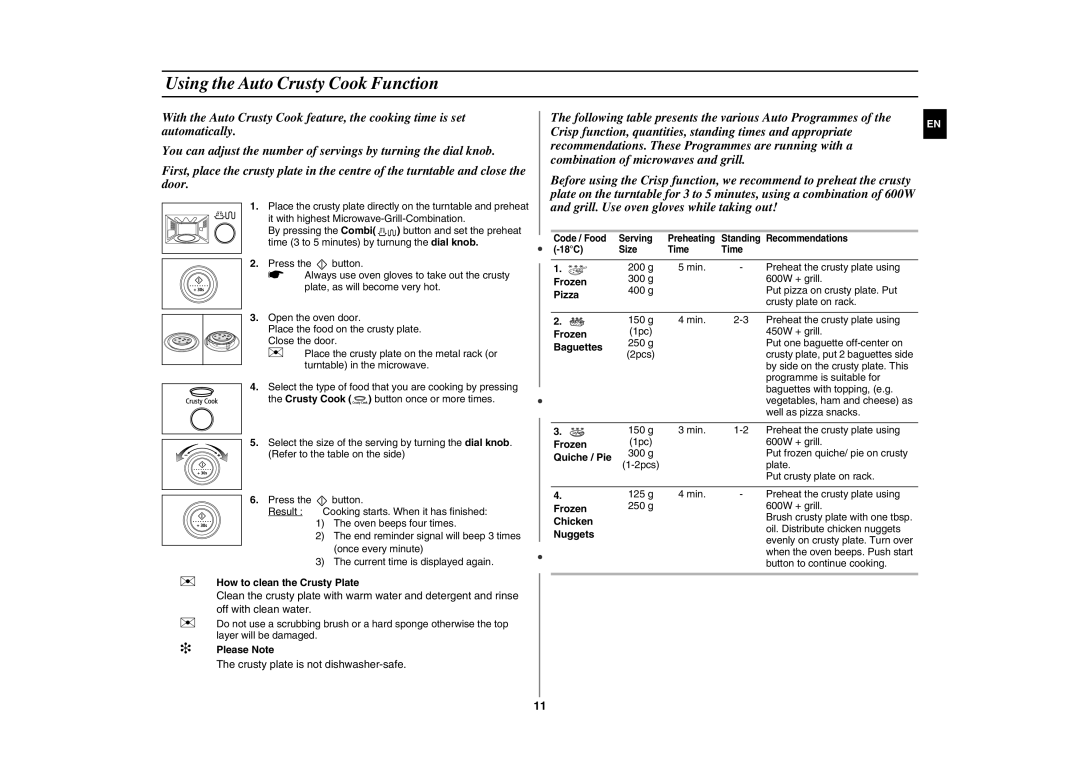 Samsung GE87Y/XSV manual Using the Auto Crusty Cook Function 