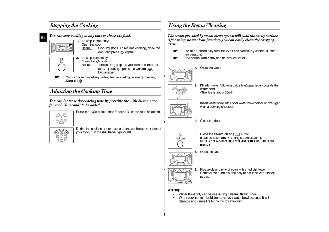 Samsung GE87Y/XSV manual Stopping the Cooking Using the Steam Cleaning, Adjusting the Cooking Time, Inside 