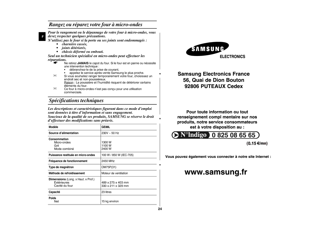 Samsung GE88L-S/XEF Rangez ou réparez votre four à micro-ondes, Spécifications techniques, Micro-ondes, Mode combiné, Net 