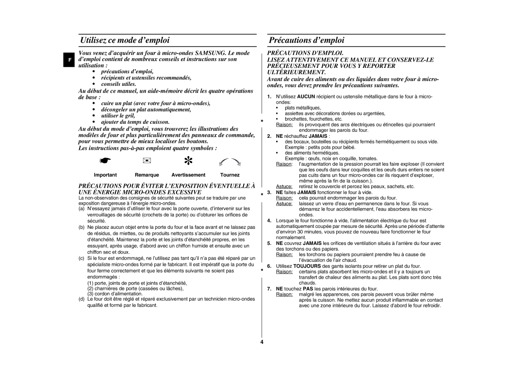 Samsung GE88L-S/XEF manual Utilisez ce mode d’emploi, Précautions d’emploi, Important Remarque Avertissement Tournez 