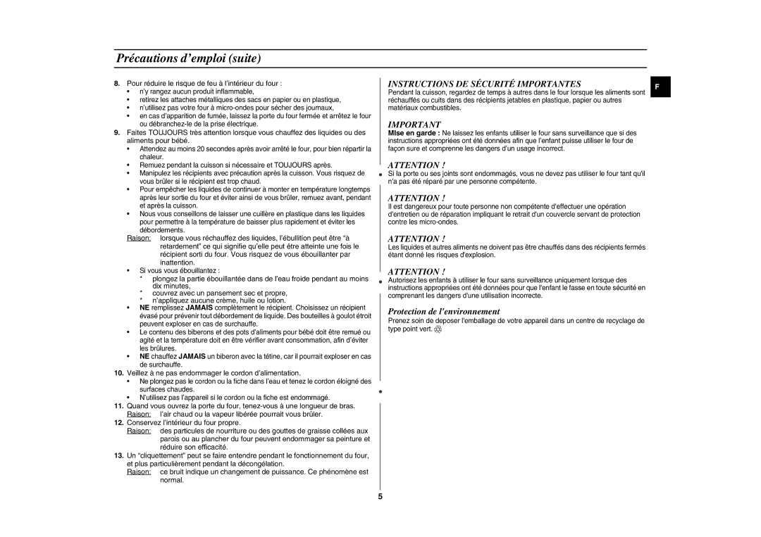 Samsung GE88L-S/XEF manual Précautions d’emploi suite, Instructions DE Sécurité Importantes, Protection de lenvironnement 