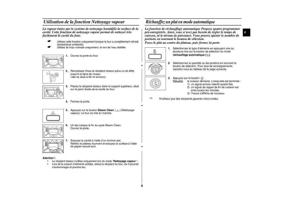 Samsung GE88L-S/XEF manual Utilisation de la fonction Nettoyage vapeur, Réchauffage automatique 