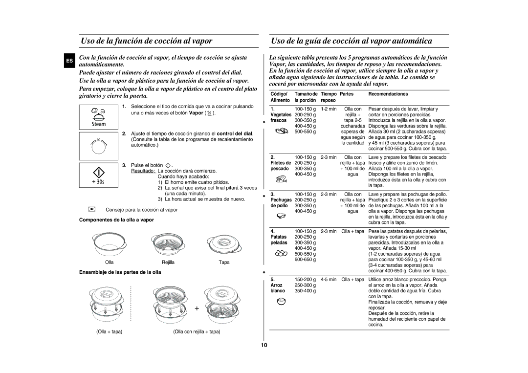 Samsung GE89APST-R/XEF manual Uso de la función de cocción al vapor, Uso de la guía de cocción al vapor automática 