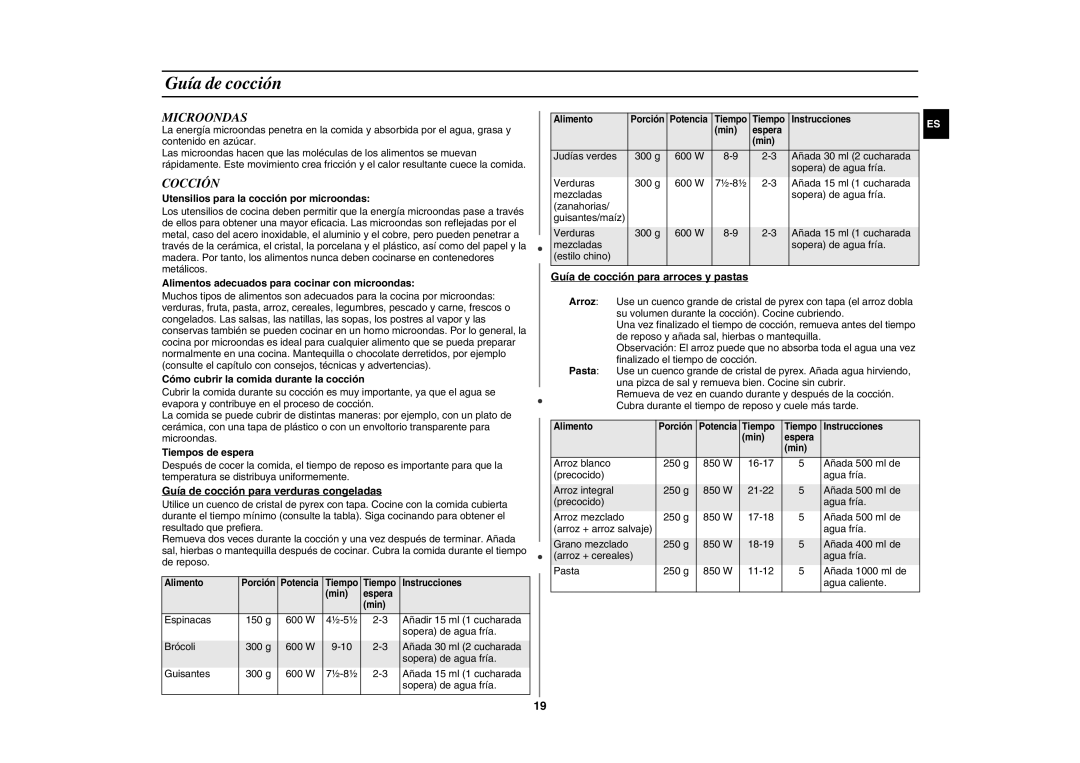 Samsung GE89APST-S/XEC, GE89APST-R/XEF manual Guía de cocción, Microondas, Cocción 