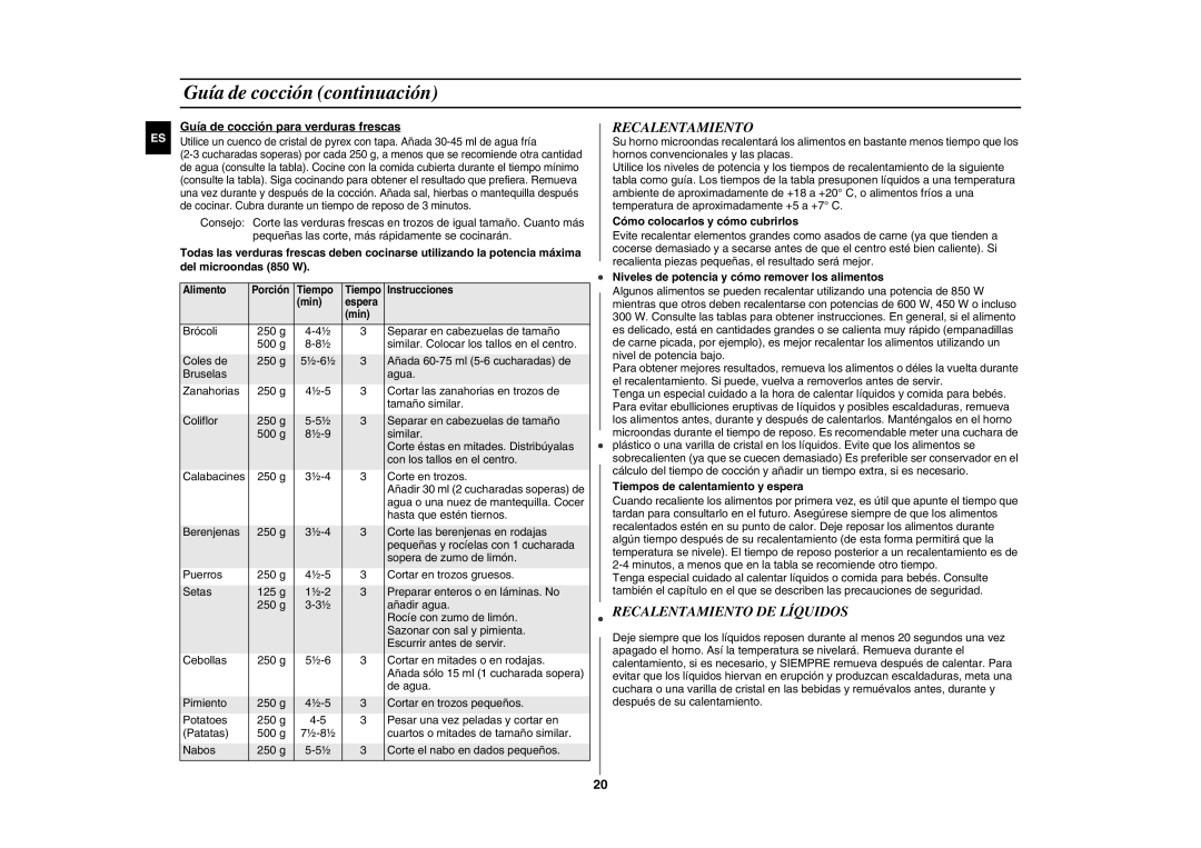 Samsung GE89APST-R/XEF, GE89APST-S/XEC manual Guía de cocción continuación, Recalentamiento DE Líquidos 