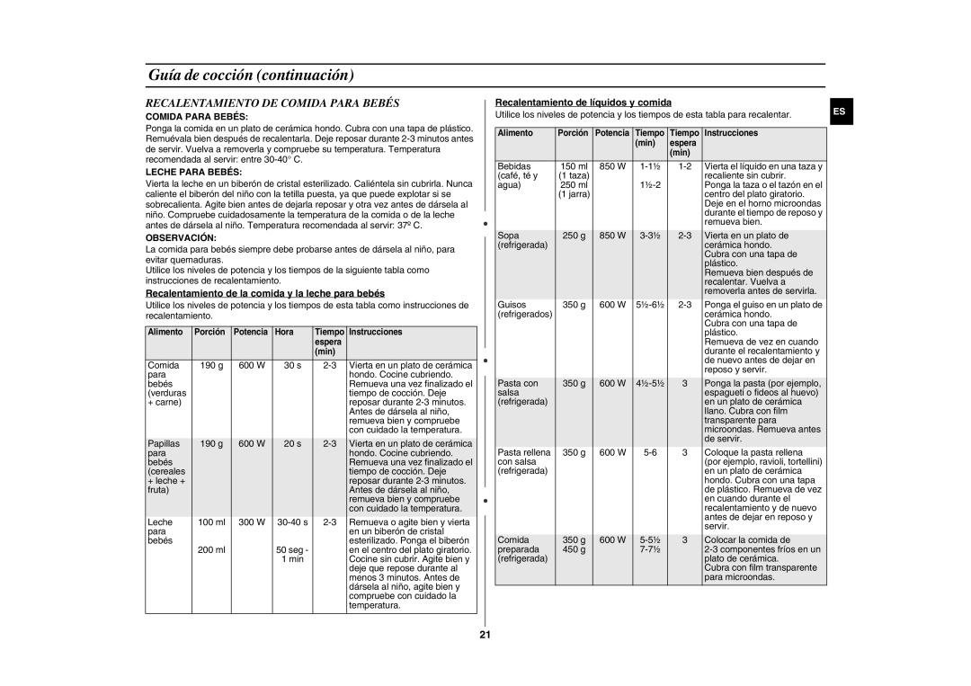 Samsung GE89APST-S/XEC, GE89APST-R/XEF manual Recalentamiento DE Comida Para Bebés, Leche Para Bebés, Observación 