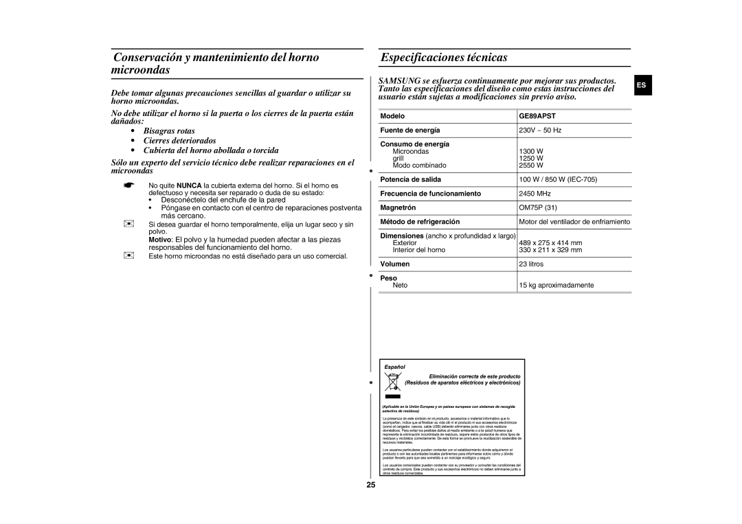 Samsung GE89APST-S/XEC, GE89APST-R/XEF manual Conservación y mantenimiento del horno microondas, Especificaciones técnicas 