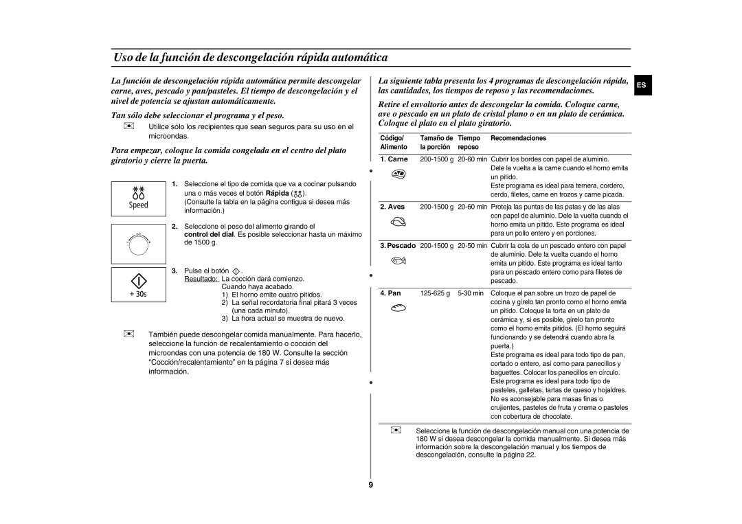 Samsung GE89APST-S/XEC, GE89APST-R/XEF manual Uso de la función de descongelación rápida automática, Pan 