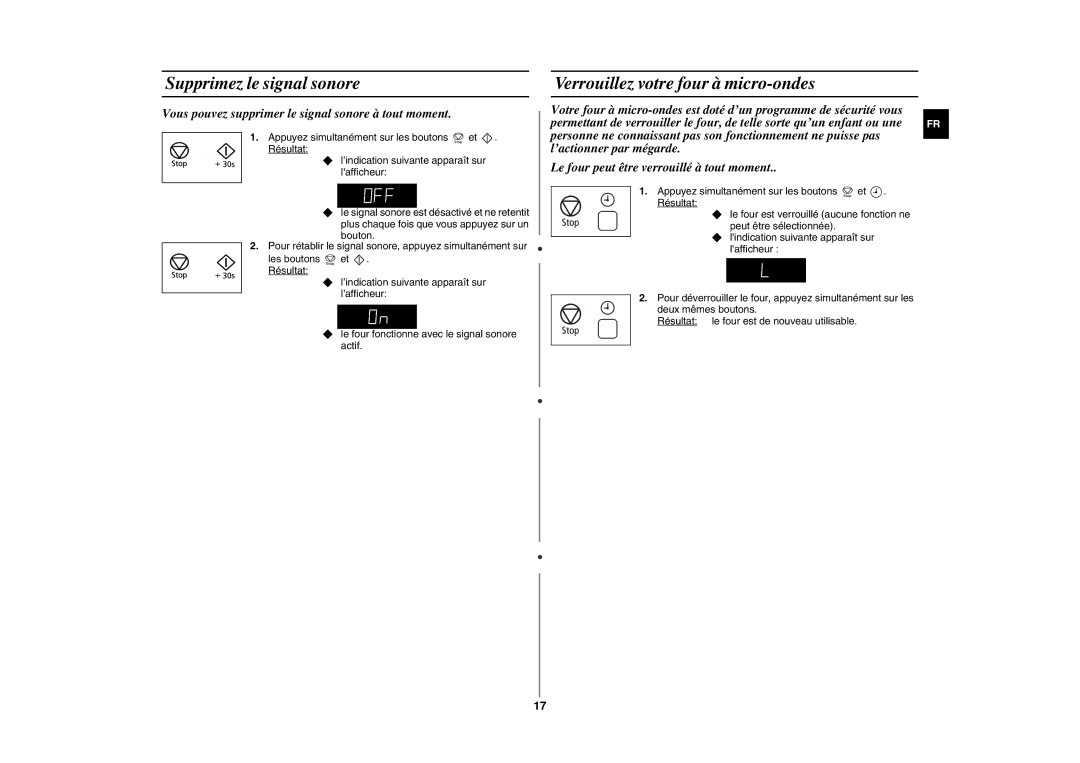 Samsung GE89APST-R/XEF manual Supprimez le signal sonore, Verrouillez votre four à micro-ondes 