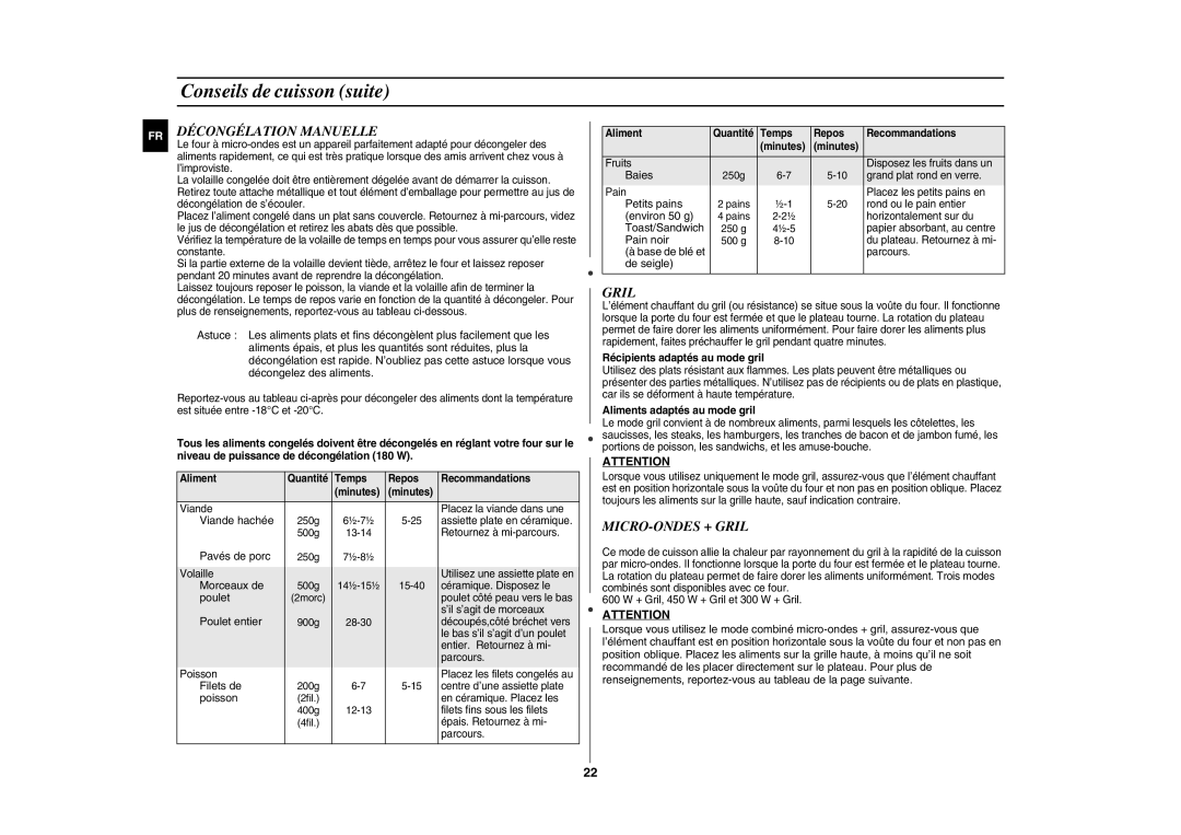 Samsung GE89APST-R/XEF manual Décongélation Manuelle, MICRO-ONDES + Gril 