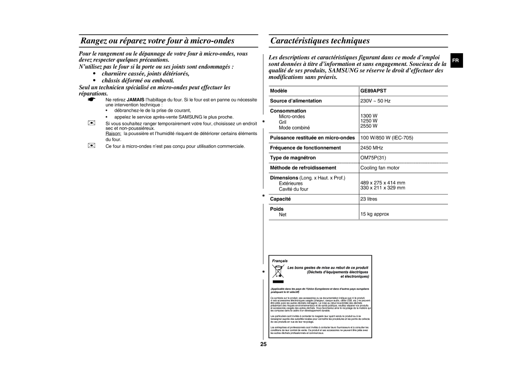 Samsung GE89APST-R/XEF manual Rangez ou réparez votre four à micro-ondes, Caractéristiques techniques 