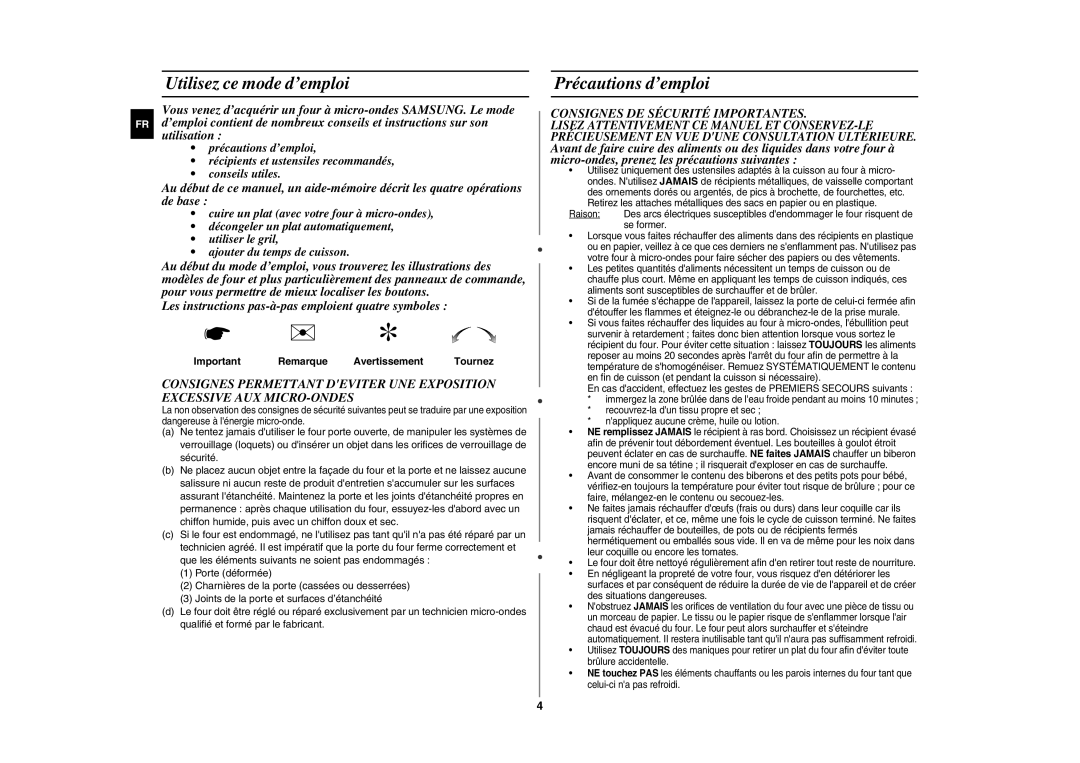 Samsung GE89APST-R/XEF manual Utilisez ce mode d’emploi, Précautions d’emploi, Consignes DE Sécurité Importantes 