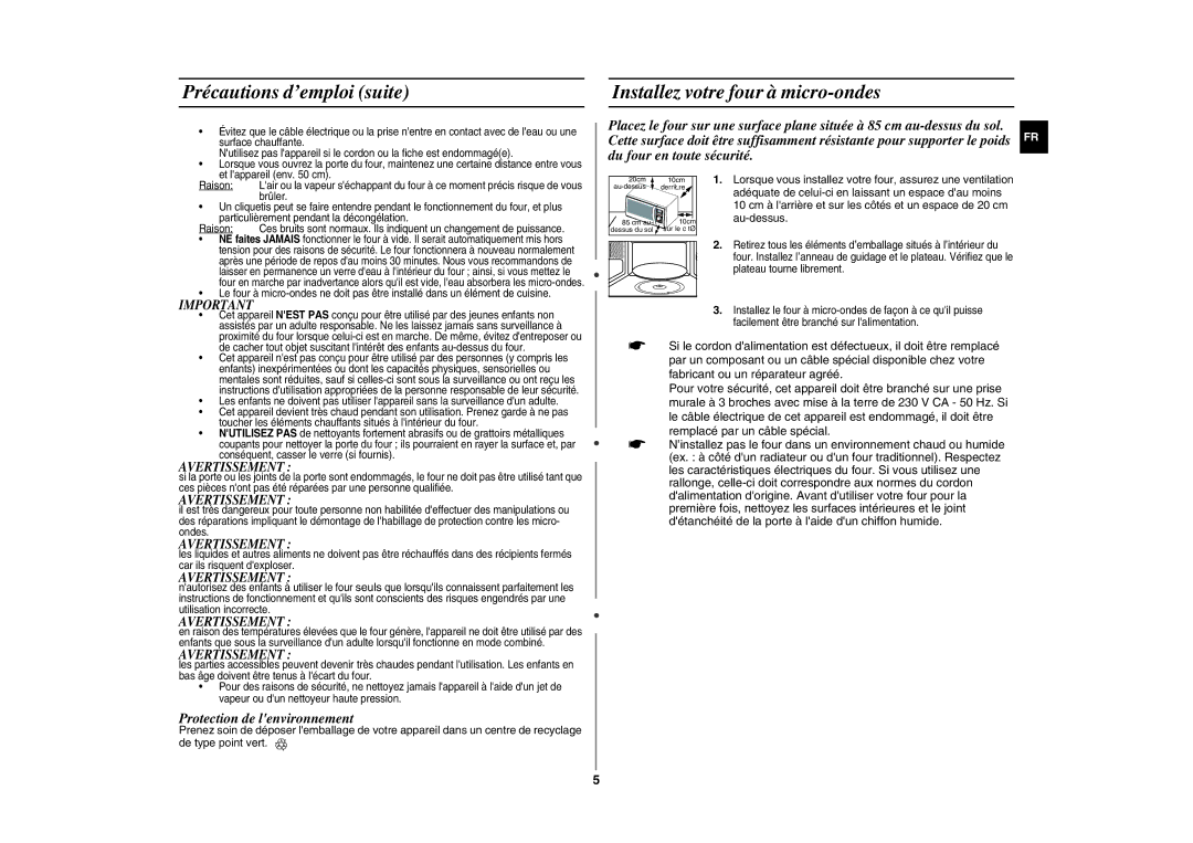 Samsung GE89APST-R/XEF manual Précautions d’emploi suite, Installez votre four à micro-ondes, Protection de lenvironnement 