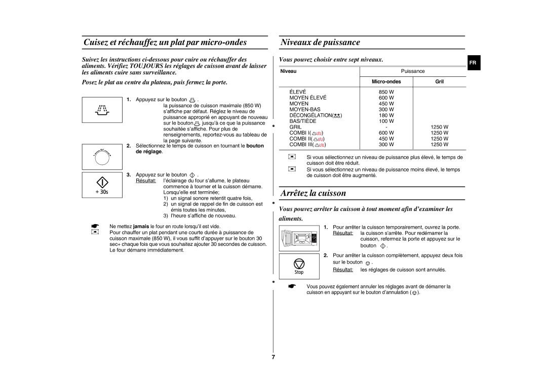 Samsung GE89APST-R/XEF manual Arrêtez la cuisson, Vous pouvez choisir entre sept niveaux, Puissance, Niveau 