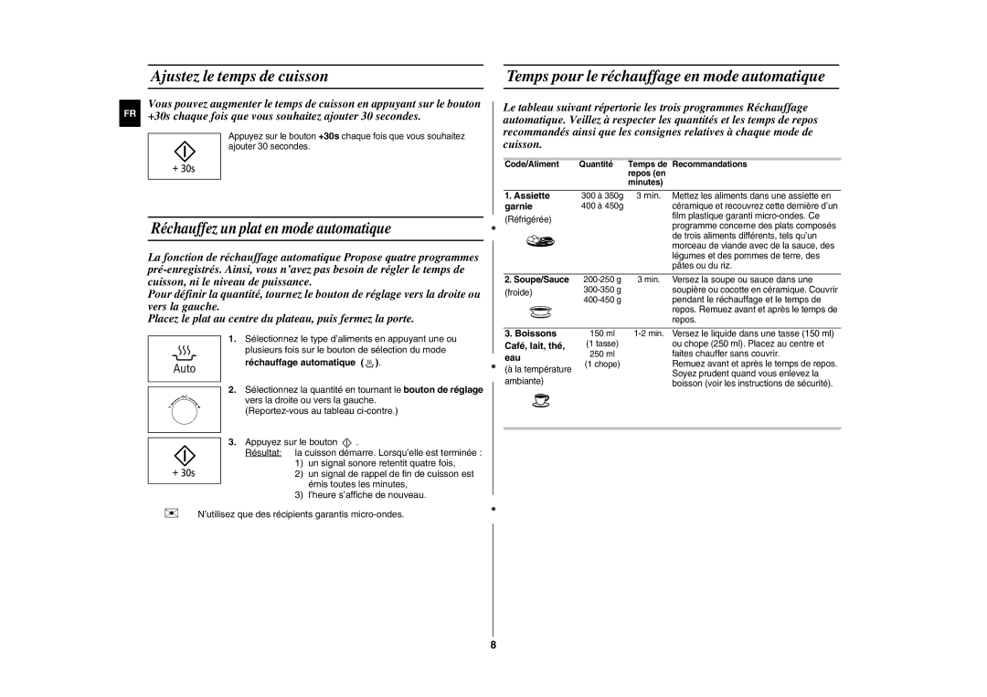 Samsung GE89APST-R/XEF manual Ajustez le temps de cuisson, Temps pour le réchauffage en mode automatique 