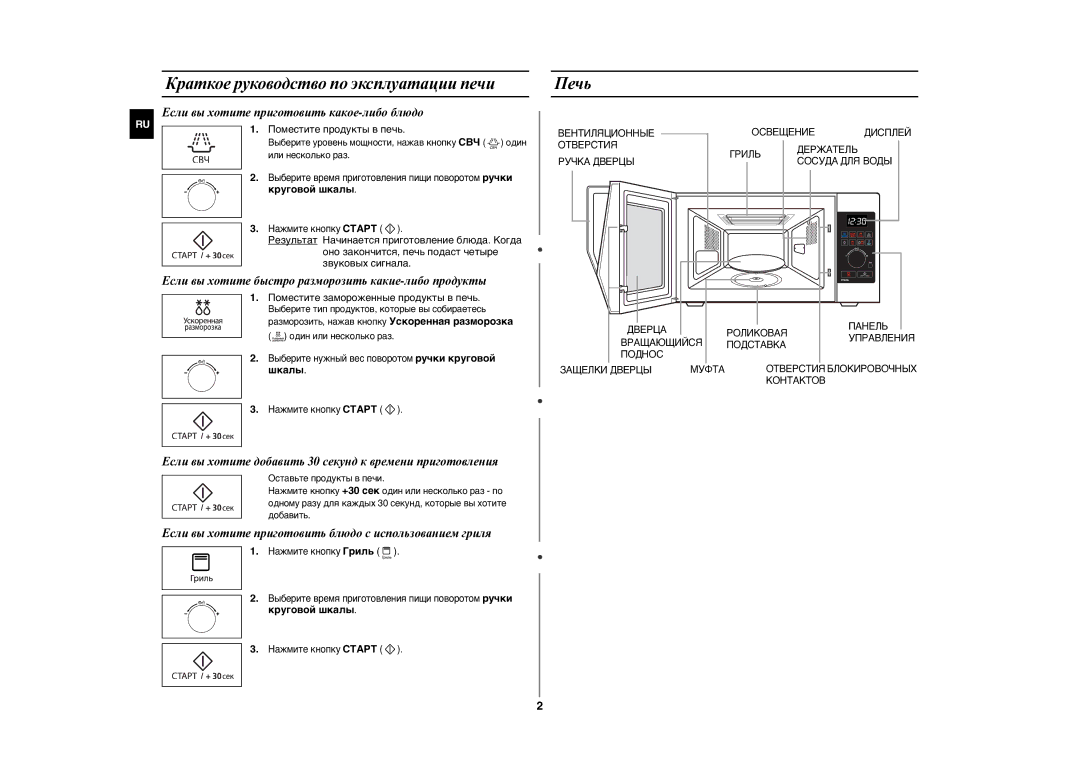 Samsung GE89ASTR/BWT manual Краткое руководство по эксплуатации печи, Печь 