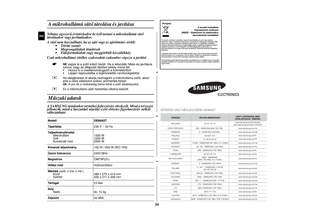 Samsung GE89AST/XEO, GE89AST/XEH manual Mikrohullámú sütő tárolása és javítása, Műszaki adatok, Zajszint 