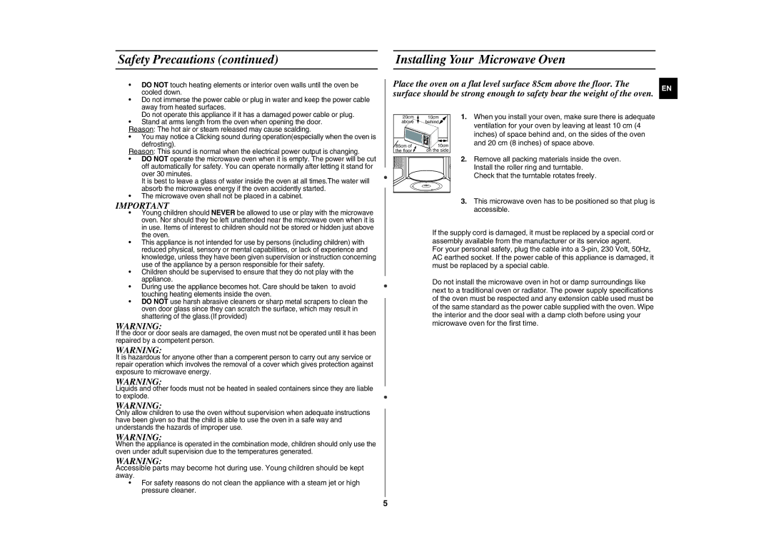 Samsung GE89AST/XEH, GE89AST/XEO manual Installing Your Microwave Oven 