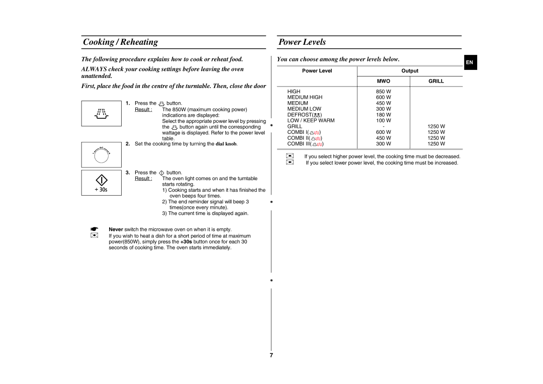 Samsung GE89AST/XEH Cooking / Reheating Power Levels, You can choose among the power levels below, Power Level Output 