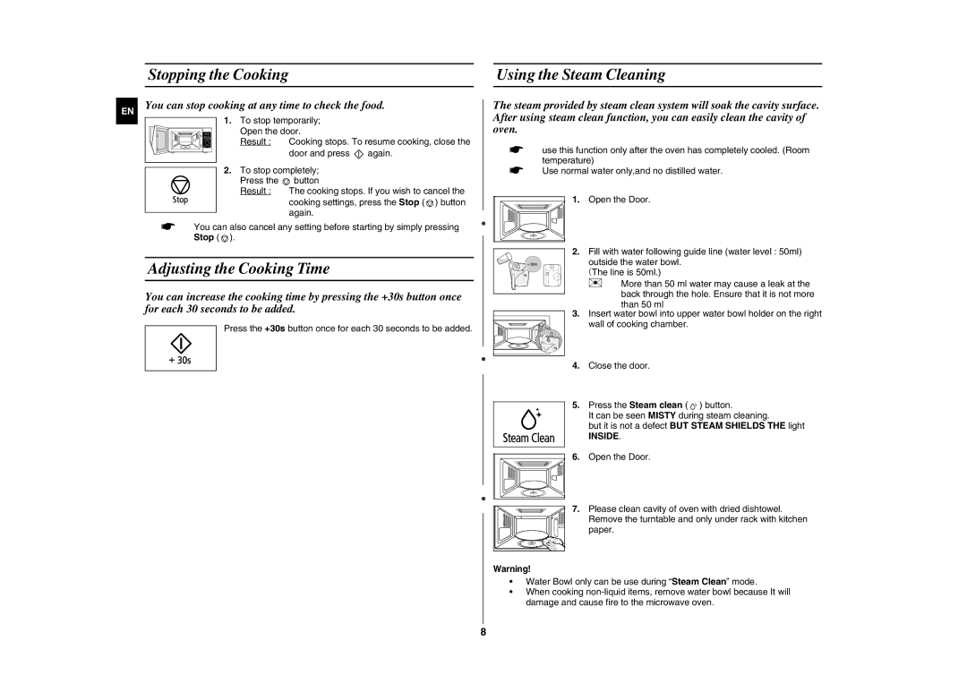 Samsung GE89AST/XEO, GE89AST/XEH manual Stopping the Cooking Using the Steam Cleaning, Adjusting the Cooking Time, Inside 