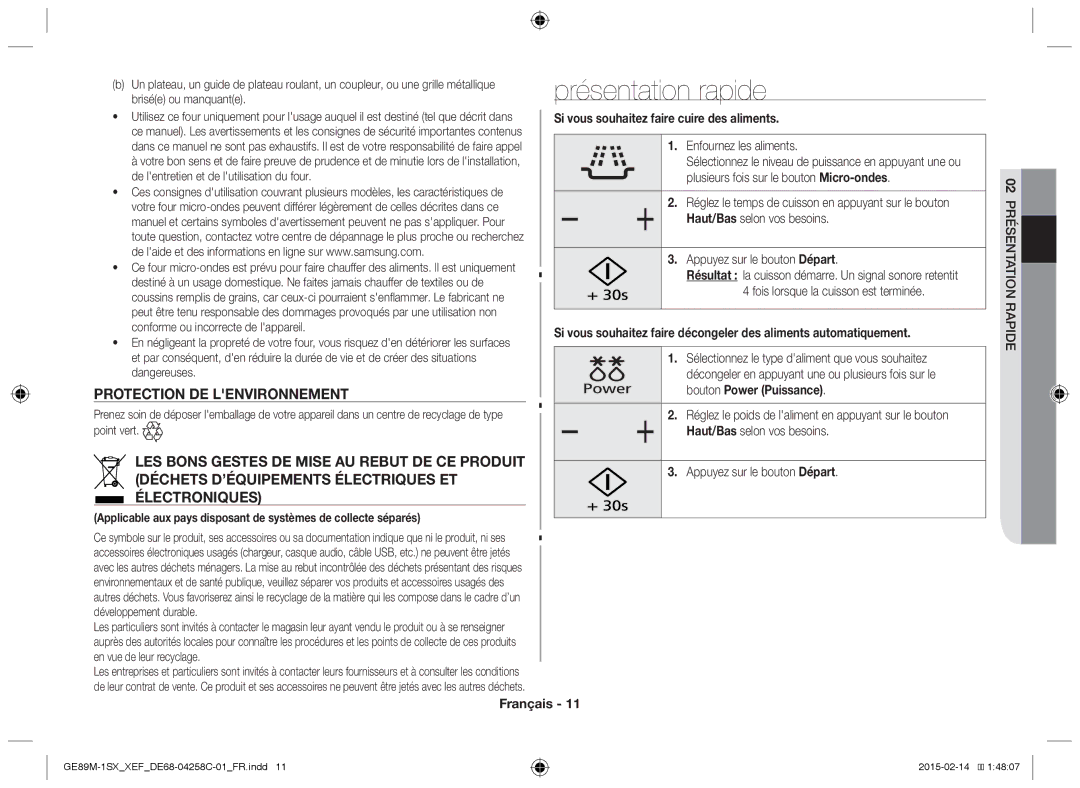 Samsung GE89M-1SX/XEF manual Présentation rapide, Protection DE Lenvironnement, Si vous souhaitez faire cuire des aliments 