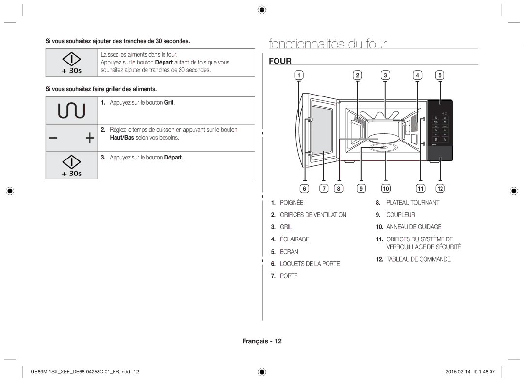 Samsung GE89M-1SX/XEF manual Fonctionnalités du four, Four, Si vous souhaitez ajouter des tranches de 30 secondes 