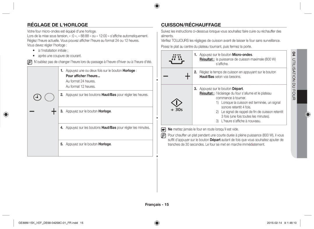 Samsung GE89M-1SX/XEF manual Réglage DE Lhorloge, Cuisson/Réchauffage, Pour afficher lheure 