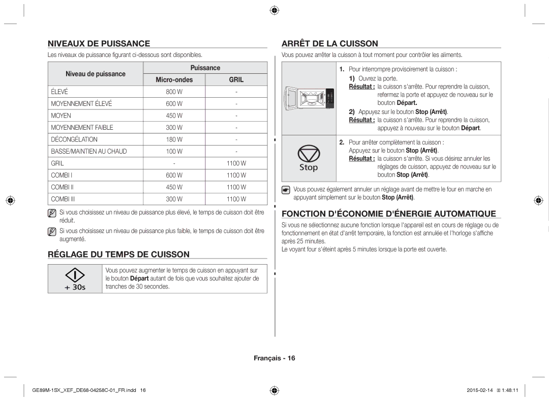 Samsung GE89M-1SX/XEF manual Niveaux DE Puissance, Réglage DU Temps DE Cuisson, Arrêt DE LA Cuisson 