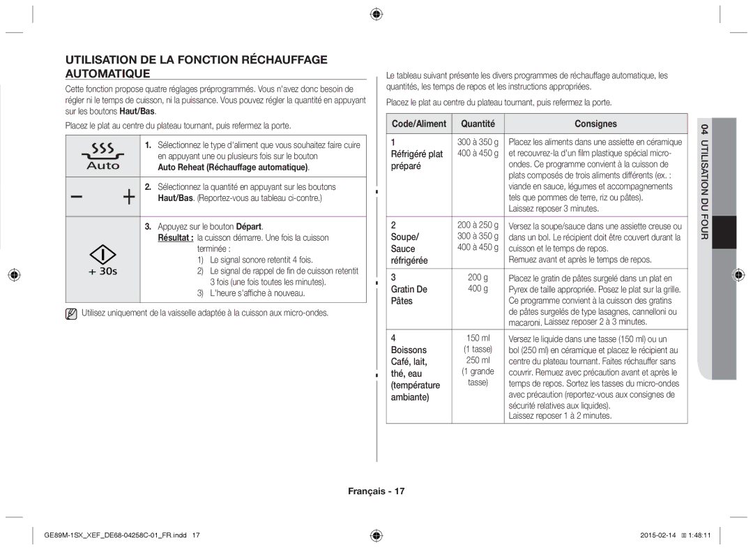 Samsung GE89M-1SX/XEF manual Utilisation DE LA Fonction Réchauffage Automatique, Code/Aliment Quantité 