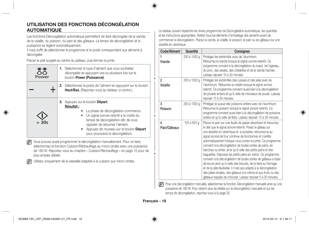 Samsung GE89M-1SX/XEF manual Utilisation DES Fonctions Décongélation Automatique, Résultat 