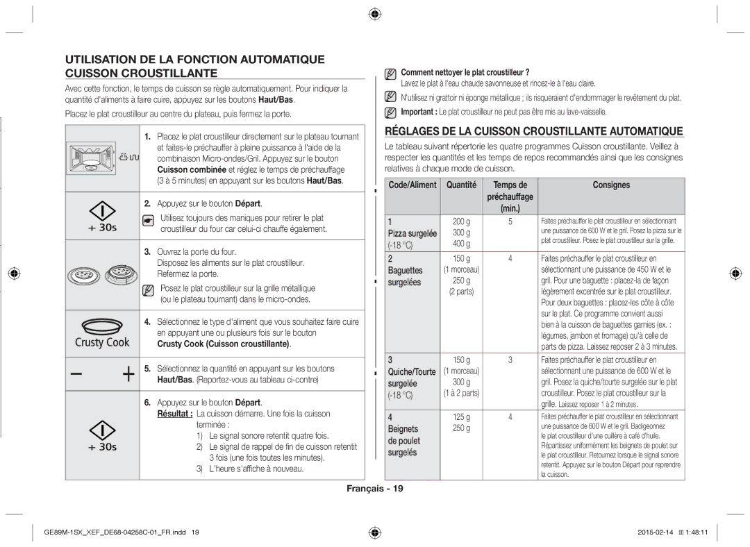 Samsung GE89M-1SX/XEF manual Réglages DE LA Cuisson Croustillante Automatique, Crusty Cook Cuisson croustillante, Consignes 