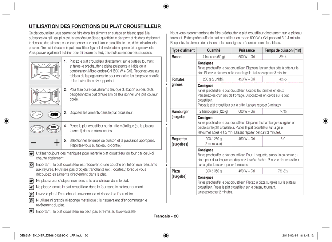 Samsung GE89M-1SX/XEF manual Utilisation DES Fonctions DU Plat Croustilleur 