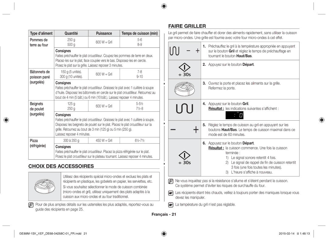 Samsung GE89M-1SX/XEF manual Faire Griller, Choix DES Accessoires, Quantité Puissance 