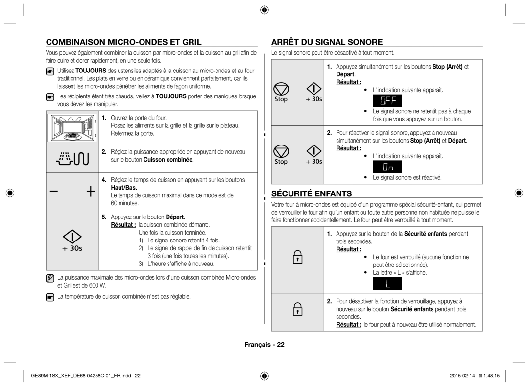 Samsung GE89M-1SX/XEF manual Combinaison MICRO-ONDES ET Gril, Arrêt DU Signal Sonore, Sécurité Enfants, Haut/Bas 