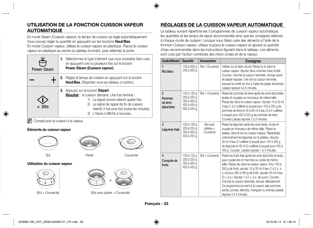 Samsung GE89M-1SX/XEF Utilisation DE LA Fonction Cuisson Vapeur Automatique, Réglages DE LA Cuisson Vapeur Automatique 