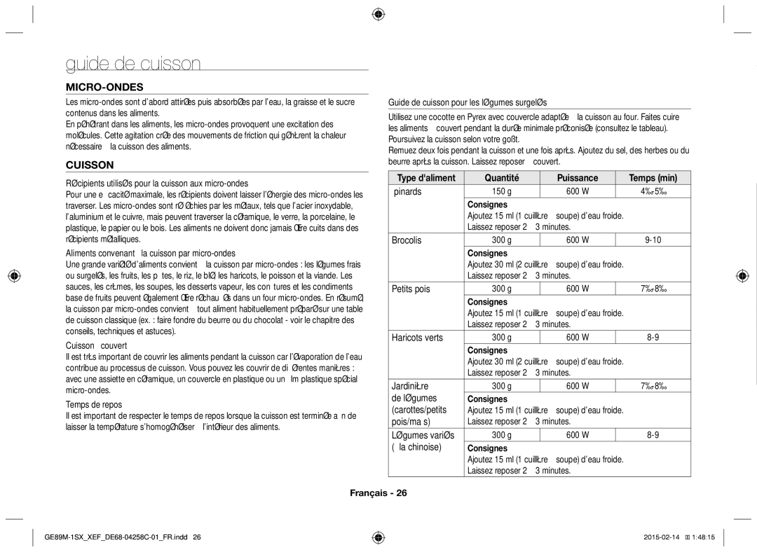 Samsung GE89M-1SX/XEF manual Guide de cuisson, Micro-Ondes, Cuisson, Quantité Puissance Temps min 