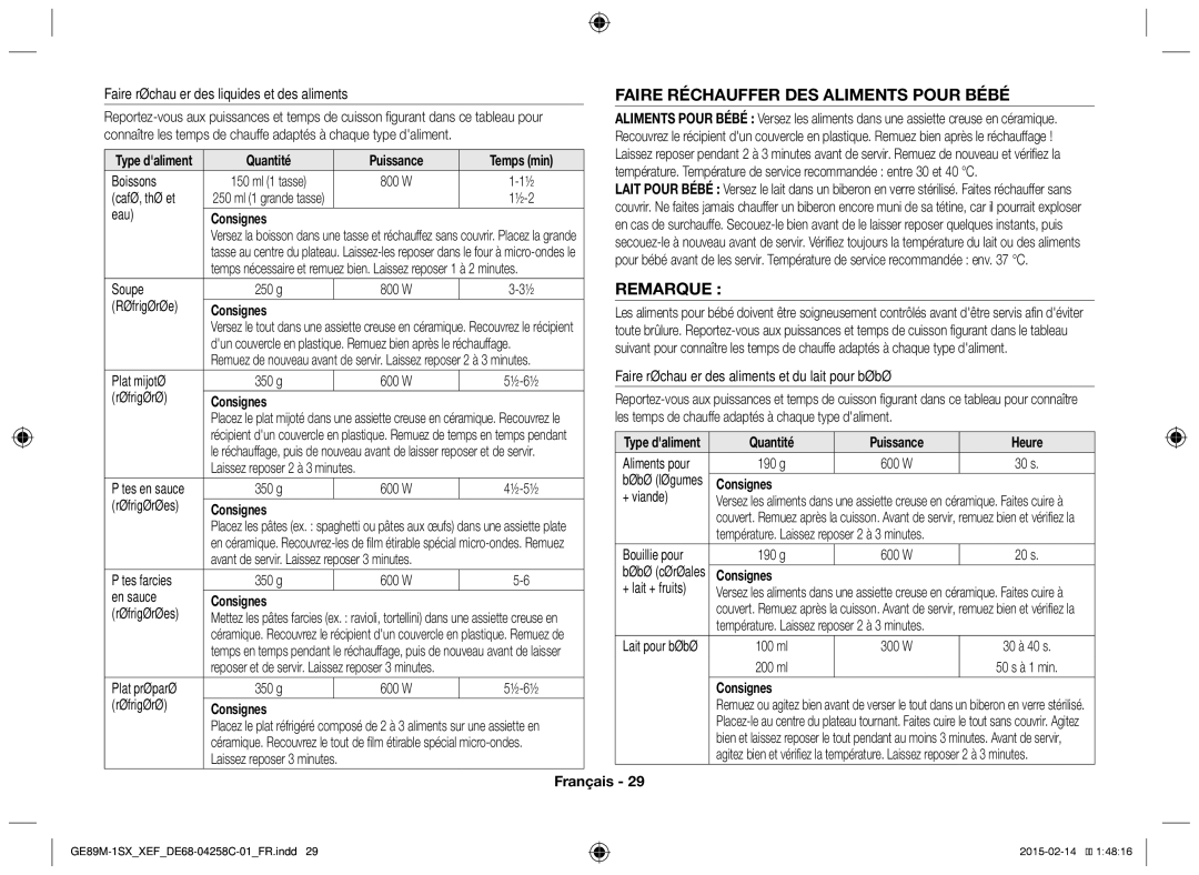 Samsung GE89M-1SX/XEF manual Faire Réchauffer DES Aliments Pour Bébé, Remarque 